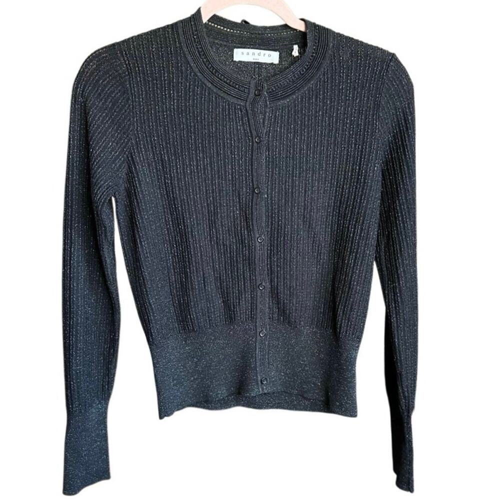 Sandro Ribbed Shimmer Long Sleeve Cardigan Button Down Black Green Metallic S